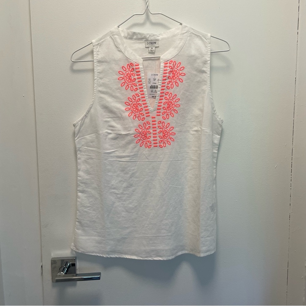 NWT J.Crew White and Pink Embroidered Linen Top Sz XXS